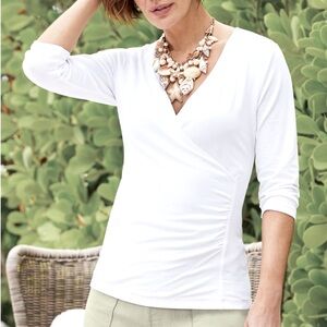 Soft Surroundings White Wrap Bodice Pleated Top Pima Cotton Blend Stretch Sz 2X
